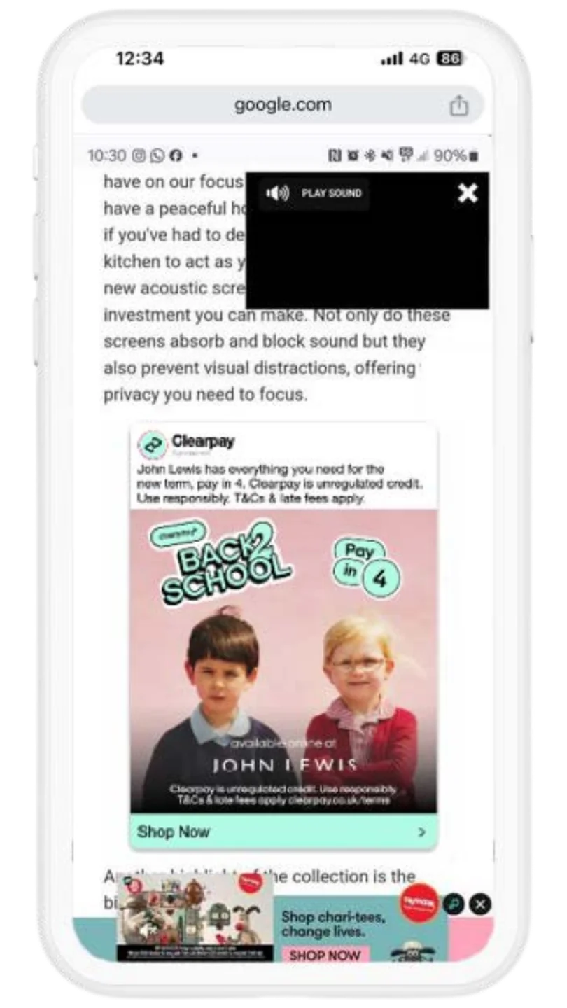 Clearpay ad on a cluttered, low-PIQ page